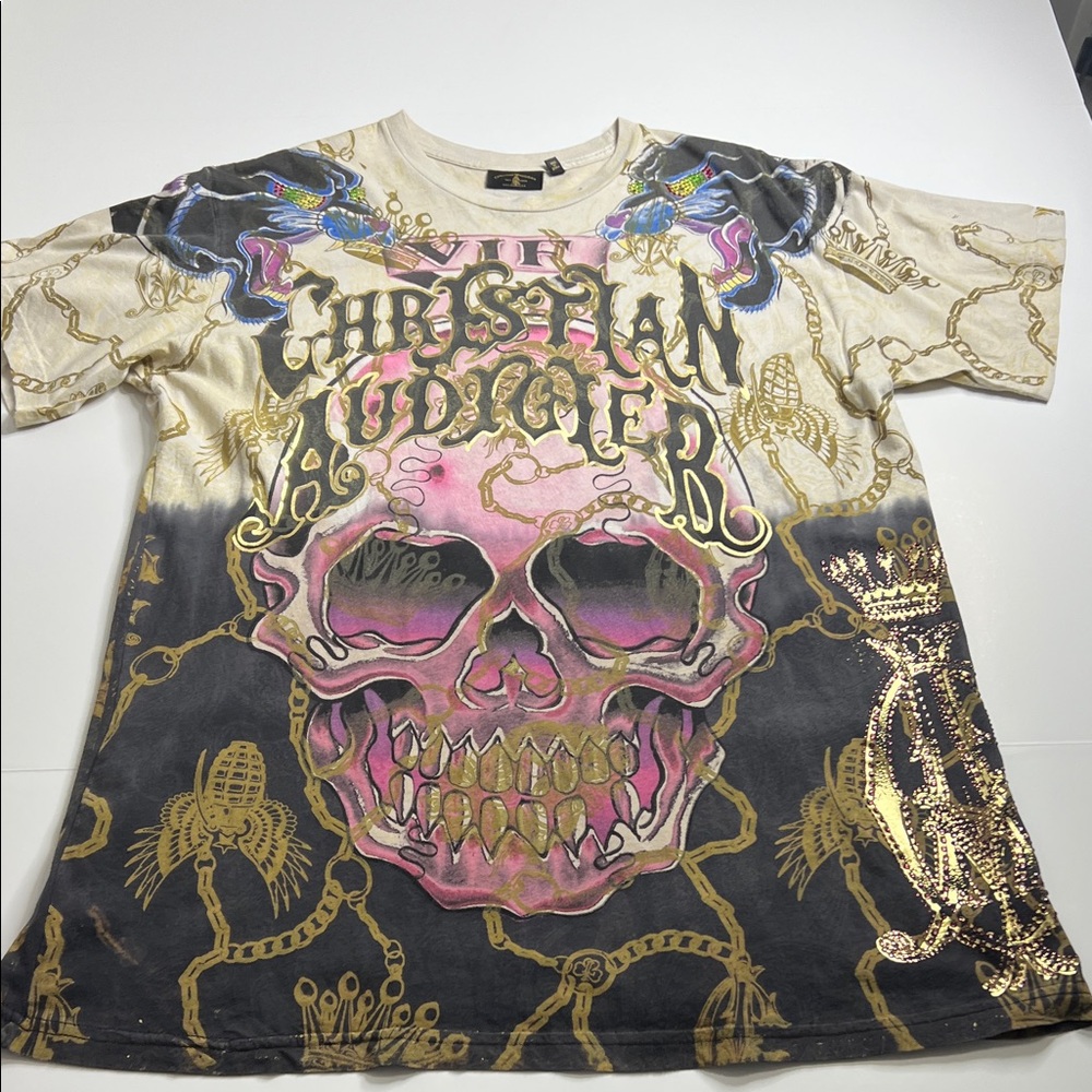 Christian Audigier  Skull Graphic Tee - Pink and Gold